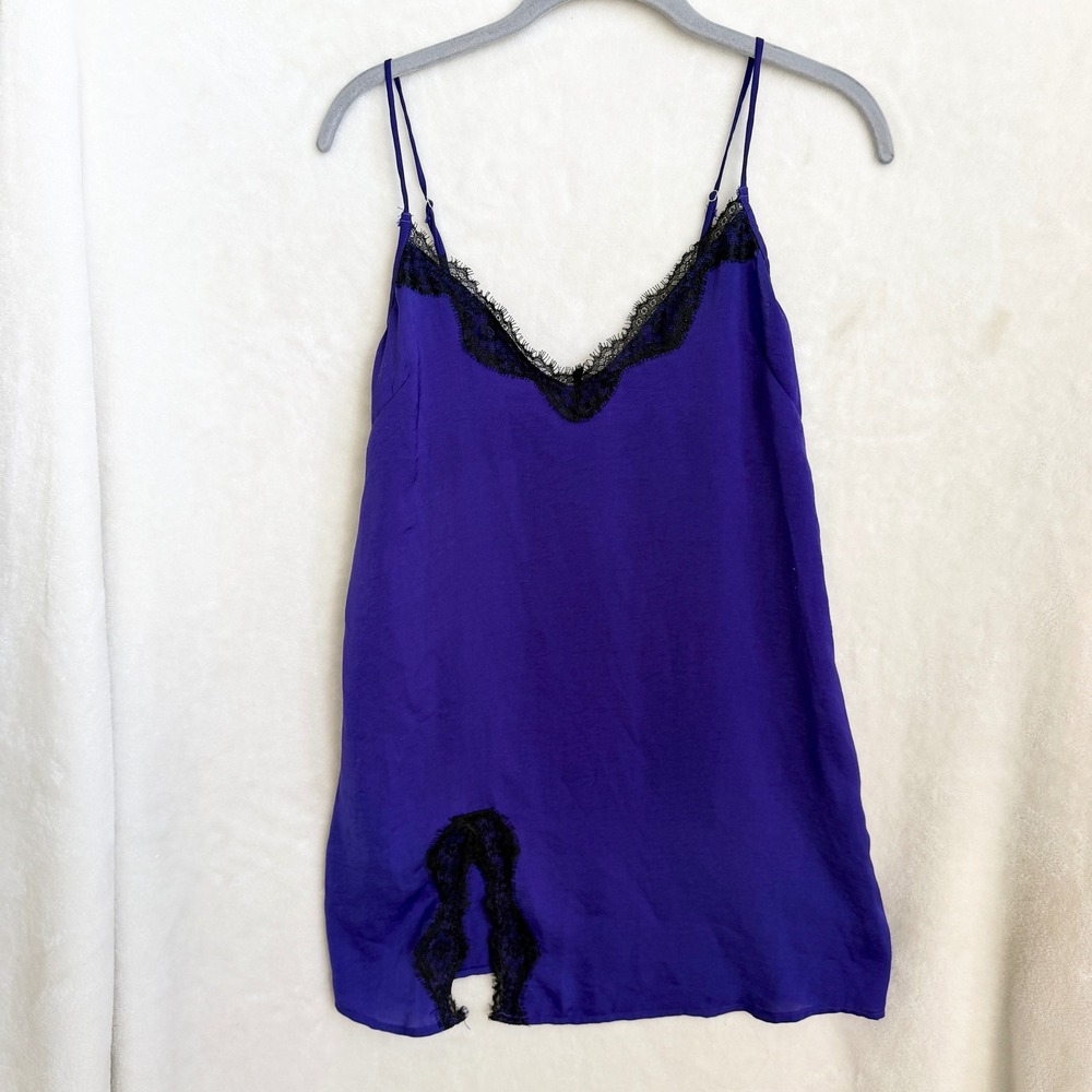 Out From Under Purple Satin Lace Trim Mini Slip Dress Size XS Y2K Slit Hem Top
